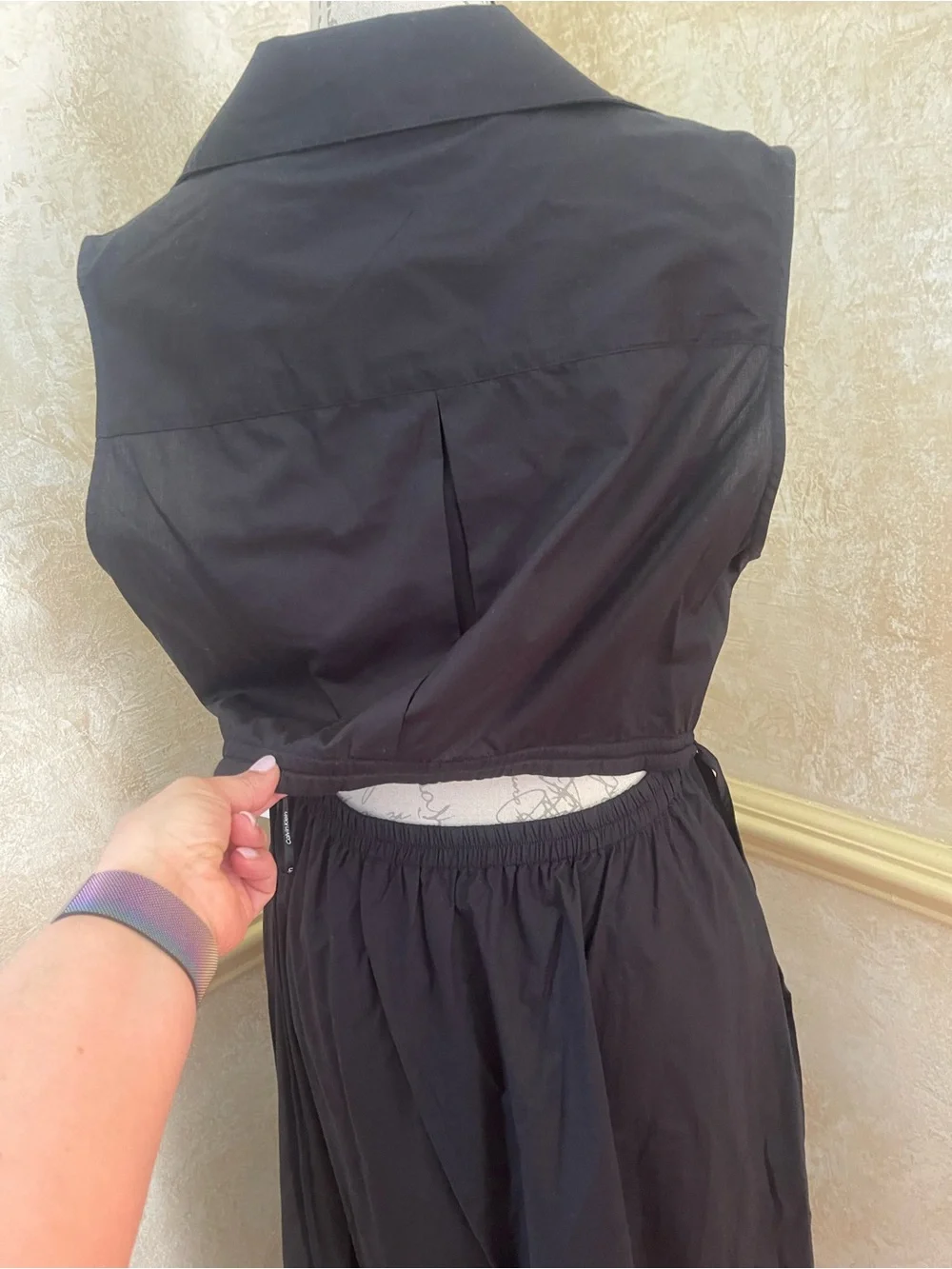 NWT Calvin Klein Black Cotton Midi Shirt Dress Size 8 Open Back Poplin Utility - Picture 6 of 13